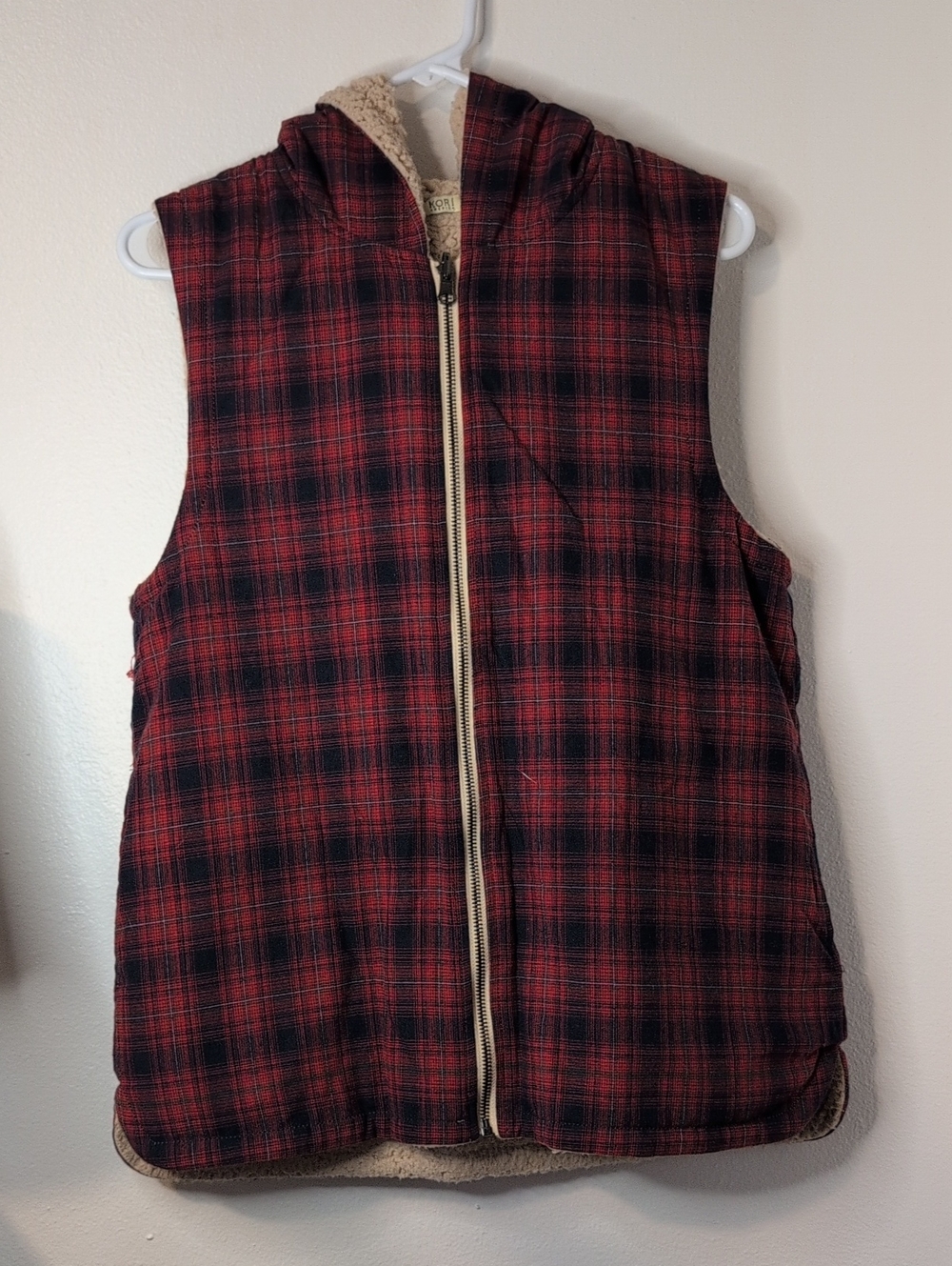 kori Red & Black Plaid Sherpa-Lined Hooded Vest